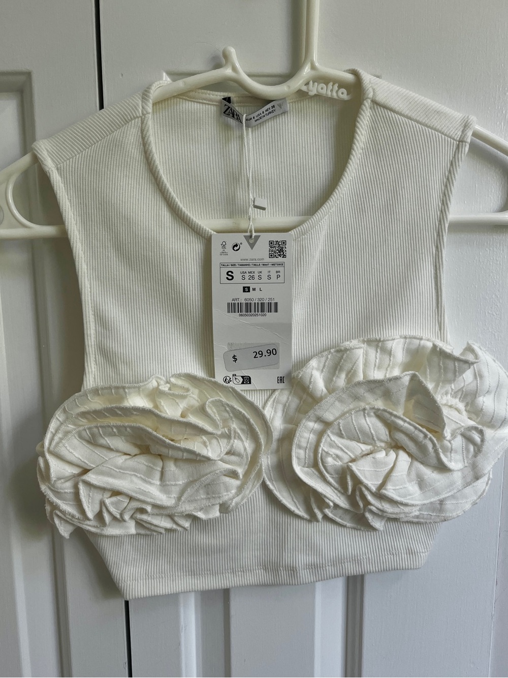 NWT Zara Cream Ribbed Crop Top with Rosette Bust Embellishments | Size Small